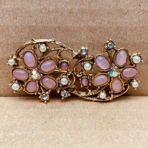 EUC Vintage Brooch, Faux Rose Quartz, Pearl, Rhinestone, Gold-Tone Setting, 2" L